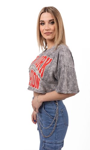 Γυναικείο Γκρι Crop T-Shirt Με Στάμπα
